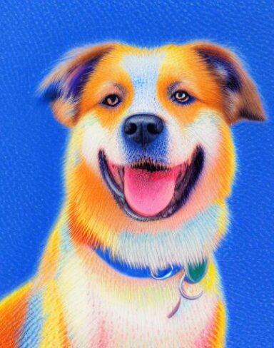 A close up of a painting of a smiling dog with blue background
