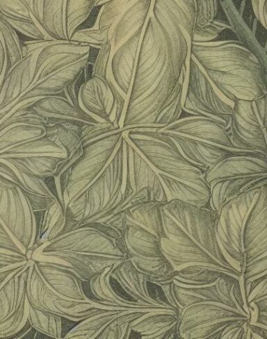 A close up of a pattern of leaves and flowers