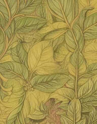 A close up of a pattern of leaves and flowers