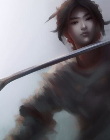 A close up of a person with a sword