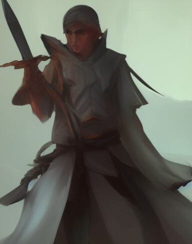 A close up of a person with a sword