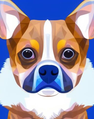 A close up of a puppy’s face on a blue background
