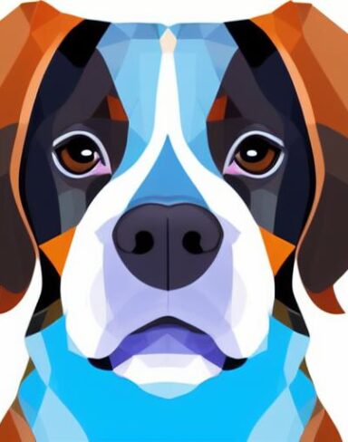 A close up of a puppy’s face on a blue background