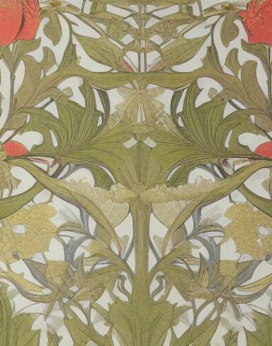 A close up of a wallpaper with flowers and leaves