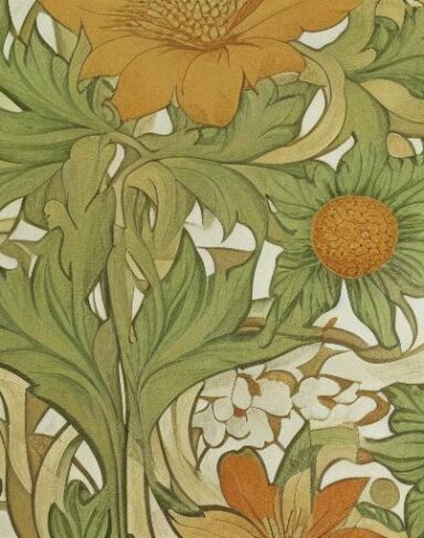 A close up of a wallpaper with flowers and leaves