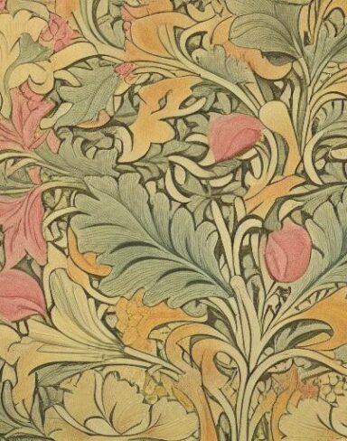 A close up of a wallpaper with flowers and leaves