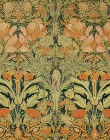 A close up of a wallpaper with flowers and leaves