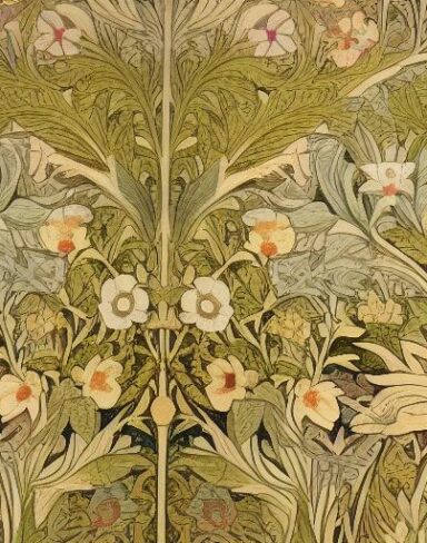 A close up of a wallpaper with flowers and leaves