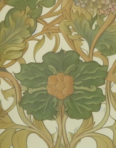 A close up of a wallpaper with flowers and leaves