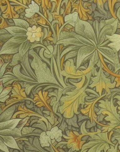 A close up of a wallpaper with flowers and leaves