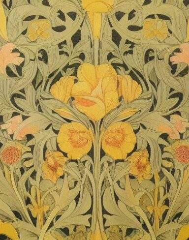 A close up of a wallpaper with flowers and leaves