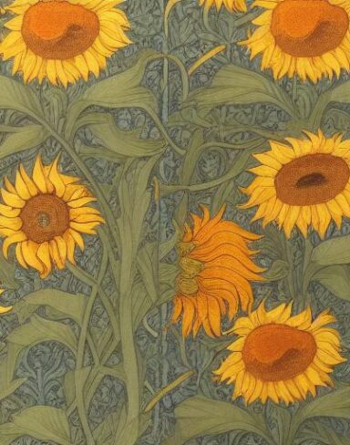 A close up of a wallpaper with sunflowers