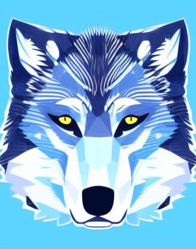 A close up of a wolf face on a blue background