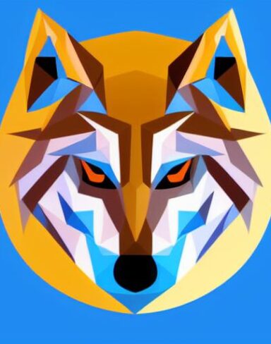 A close up of a wolf face on a blue background