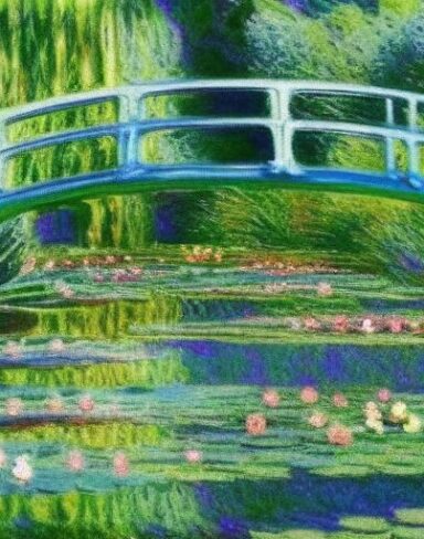 A color painting of water lilies in a pond of water