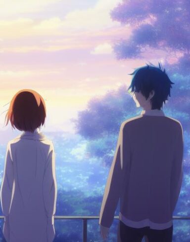 A couple of anime characters with beautiful face standing next to each other