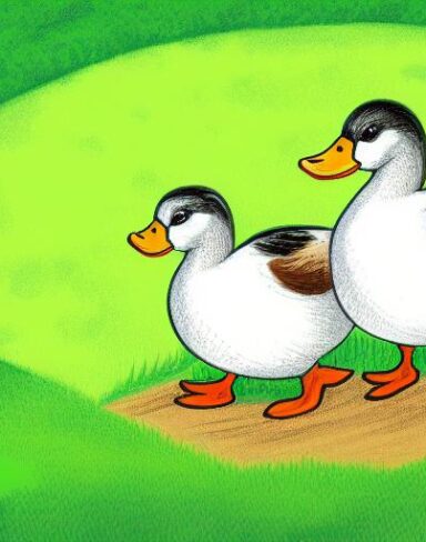 A couple of ducks on top of a green field