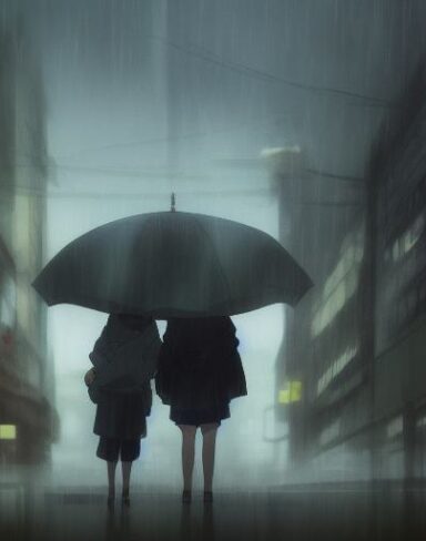 A couple of people that are standing in the rain