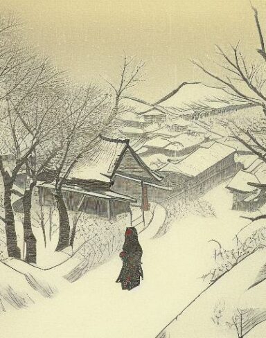 A couple of people walking down a snow covered street