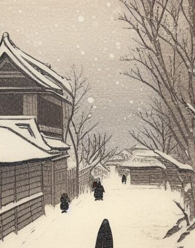 A couple of people walking down a snow covered street
