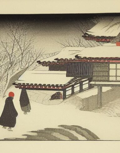 A couple of people walking down a snow covered street