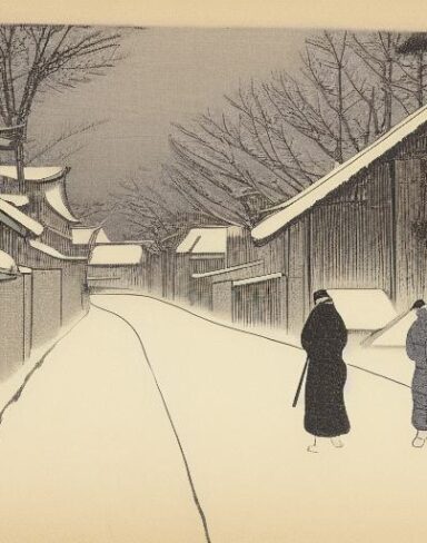 A couple of people walking down a snow covered street