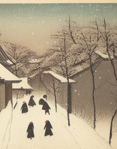 A couple of people walking down a snow covered street