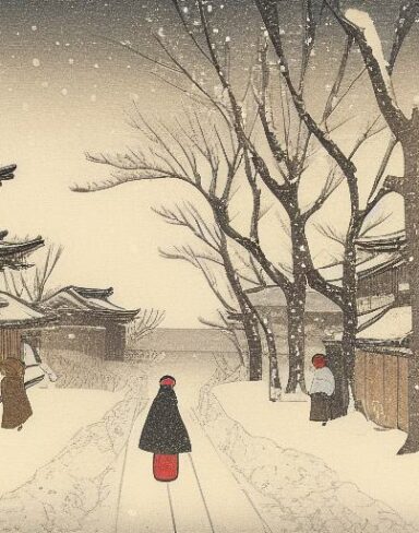 A couple of people walking down a snow covered street