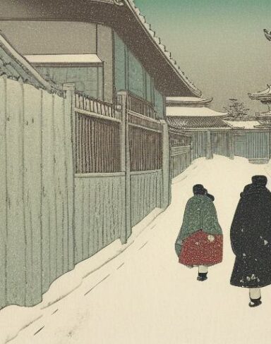 A couple of people walking down a snow covered street