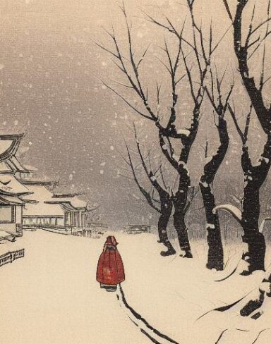 A couple of people walking down a snow covered street