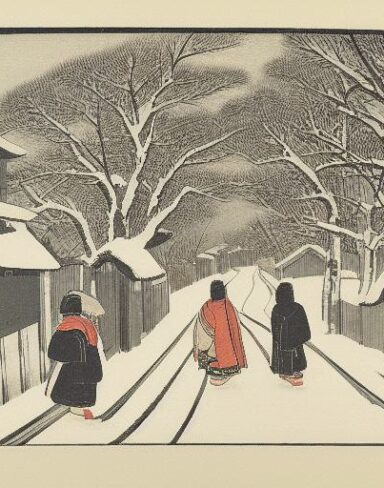 A couple of people walking down a snow covered street