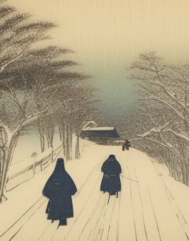 A couple of people walking down a snow covered street