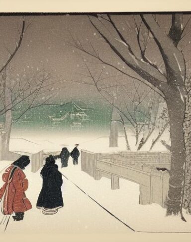 A couple of people walking down a snow covered street