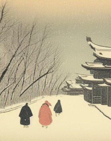 A couple of people walking down a snow covered street