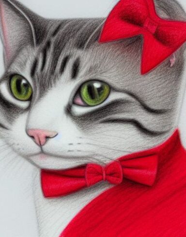 A crayon drawing of close up cat cat wearing a red small bow tie