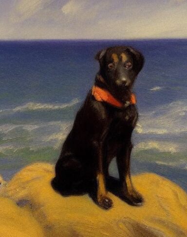 A dark painting of a dog sitting on a rock by the ocean