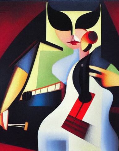 A dark painting of a girl playing a guitar