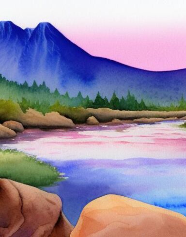 A detailed watercolor painting of a river with a mountain and rocks in the background at sunset