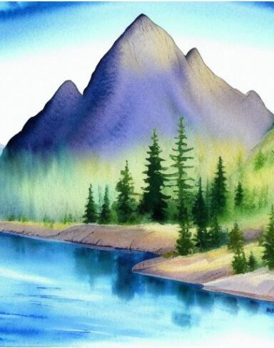 A detailed watercolor painting of a river with a mountain and rocks in the background with a small house at riveside