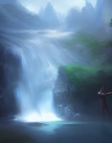 A digital painting of man standing in front of a waterfall