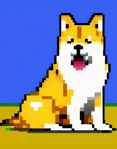 A dog sitting in front of a blue background