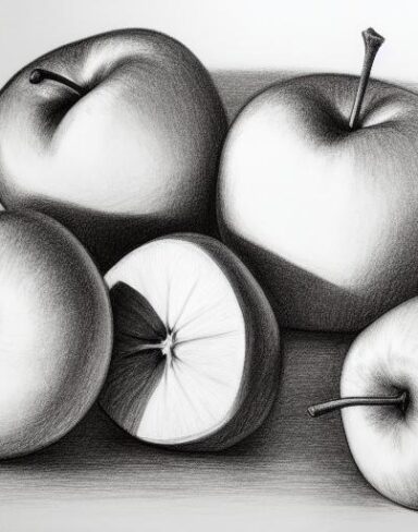A drawing of a group of apples on a table
