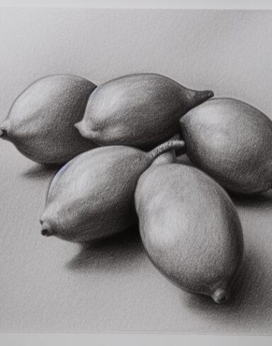 A drawing of a group of lemons on a table
