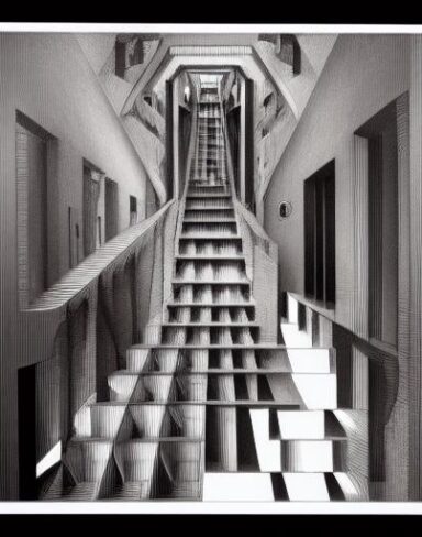 A drawing of a staircase like a maze in an architectural building
