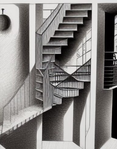 A drawing of a staircase like a maze in an interior space