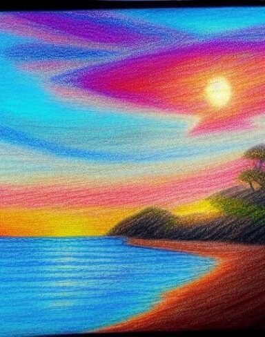 A drawing of a sunset in coastal area