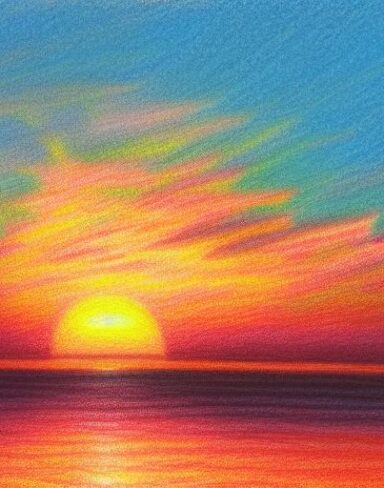A drawing of a sunset near a sea
