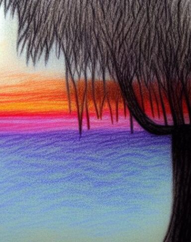 A drawing of a sunset with a tree