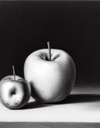 A drawing of a vase and apples on a table