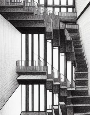 A drawing of lots of staircases in a building